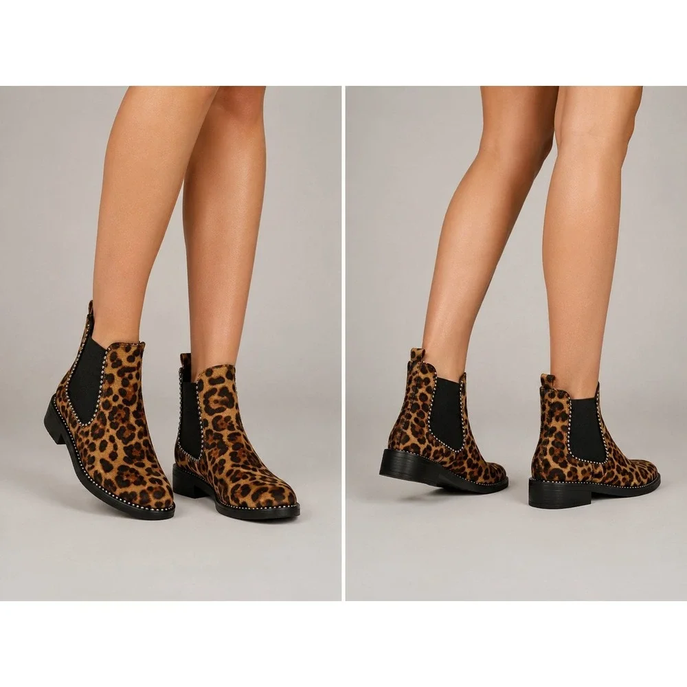Leopard Print Chelsea Ankle Boots Womens 8.5 Studded Slip On Booties